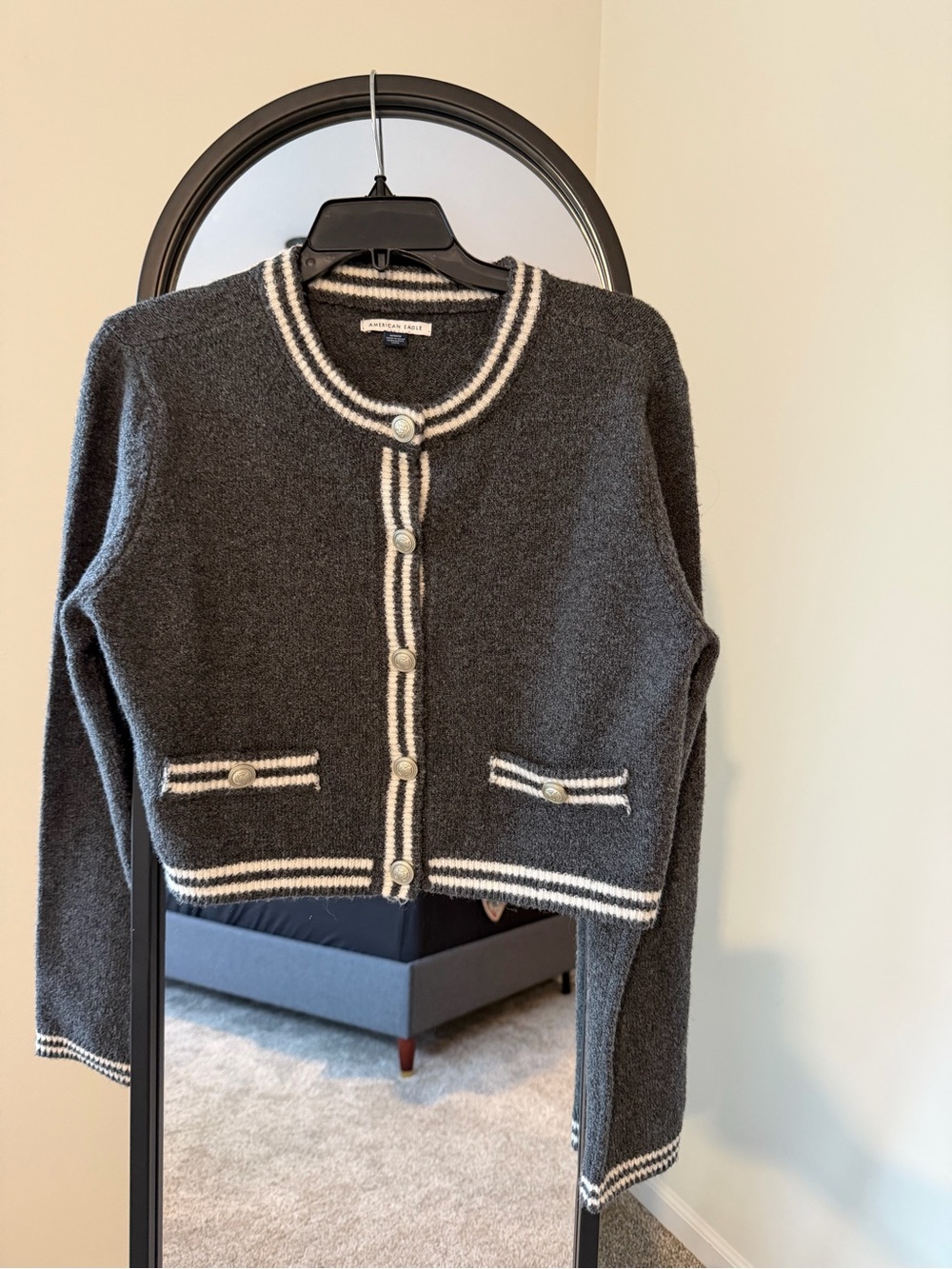 American Eagle Outfitters Charcoal Cardigan with White Trim